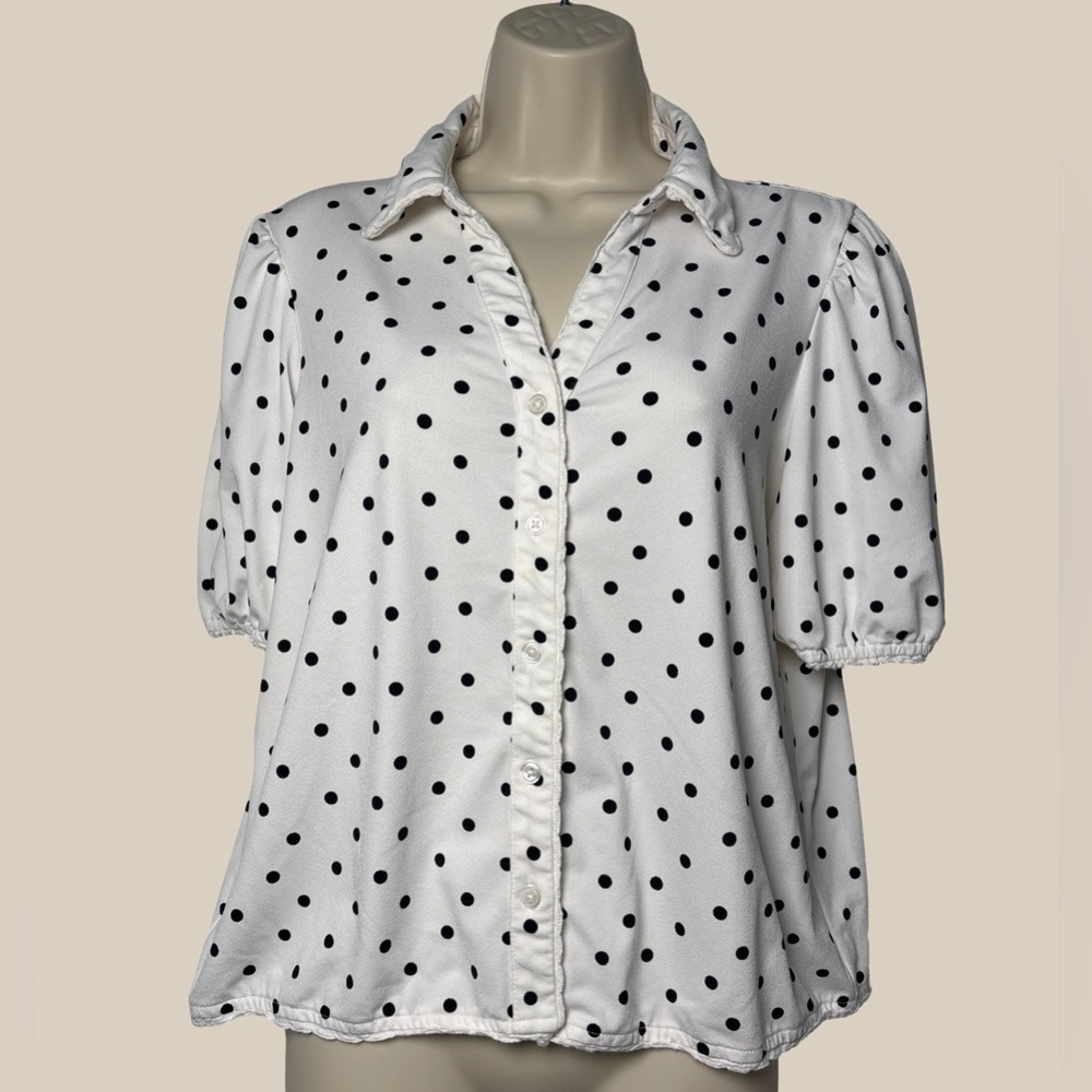 Adrianna Papell Puff Sleeve Button Down Blouse White Black Polka Dot Lace Trim M